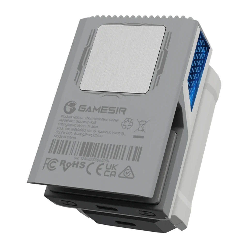 Accessoire gaming GameSir FX5 Cooler sans fil RGB 3 modes de refroidissement, vue arrière: plaque métallique, étiquette