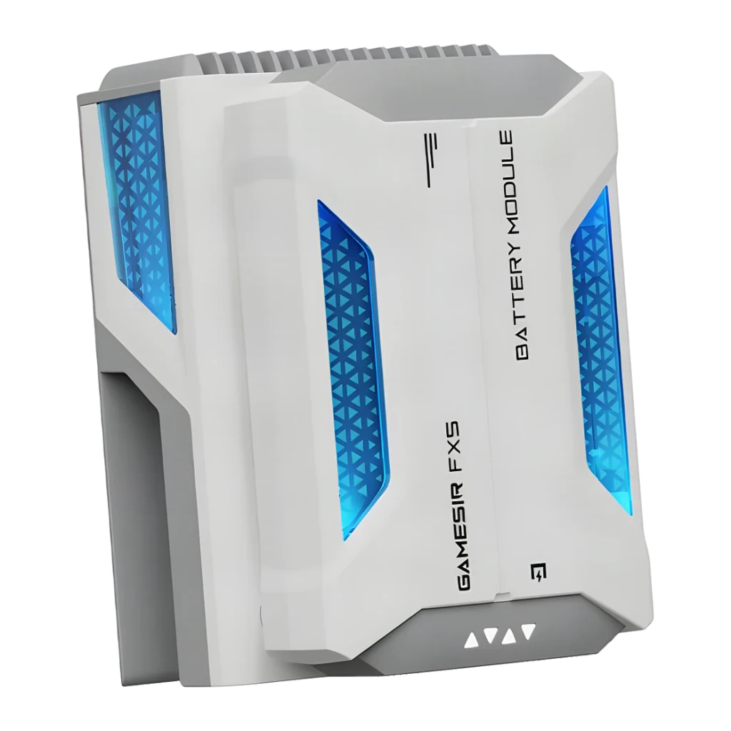 Accessoire gaming GameSir FX5 Cooler sans fil RGB 3 modes de refroidissement, détail: module batterie blanc avec grilles RGB
