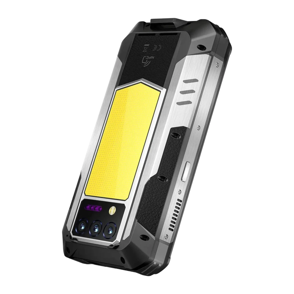 Smartphone robusto com moldura metálica, painel traseiro amarelo, três câmeras traseiras com flash, tela 6,8 polegadas com bordas reforçadas e NFC - Item2