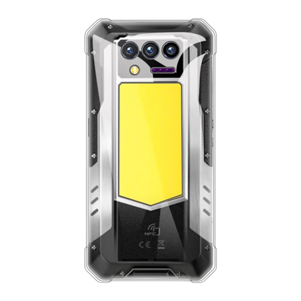 Smartphone robusto com moldura metálica, painel traseiro amarelo, três câmeras traseiras com flash, tela 6,8 polegadas com bordas reforçadas e NFC - Item1