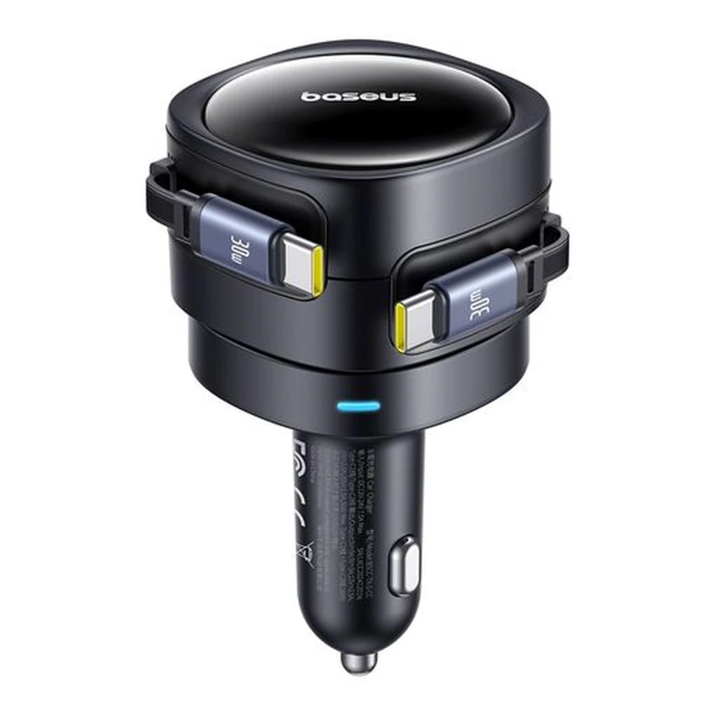 Cargador de coche Baseus Enjoyment Max 60W con dos puertos USB-C y cables integrados retráctiles, diseño compacto en negro metálico y luz indicadora LED - Ítem1
