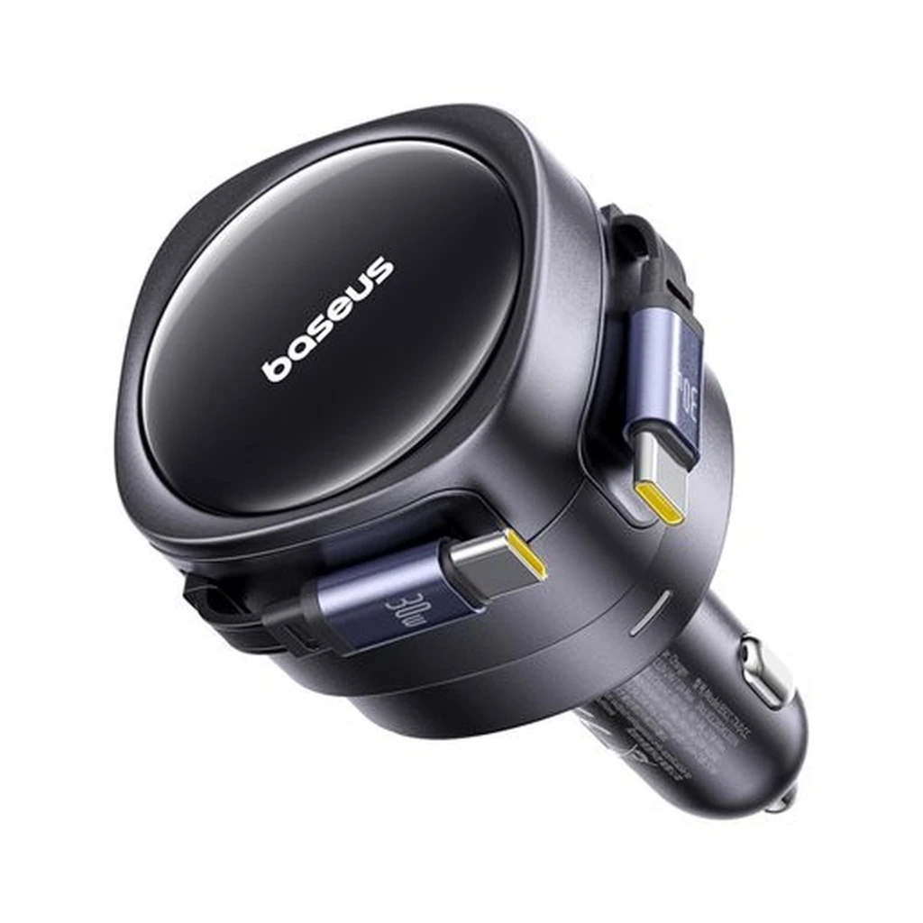 Cargador de coche Baseus Enjoyment Max 60W con dos puertos USB-C y cables integrados retráctiles, diseño compacto en negro metálico y luz indicadora LED - Ítem2