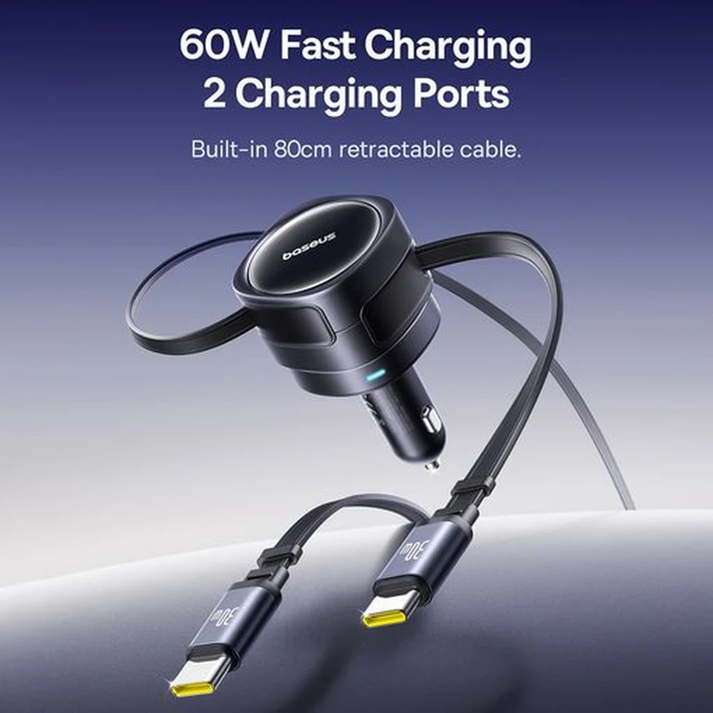 Cargador de coche Baseus Enjoyment Max 60W con dos puertos USB-C y cables integrados retráctiles, diseño compacto en negro metálico y luz indicadora LED - Ítem3