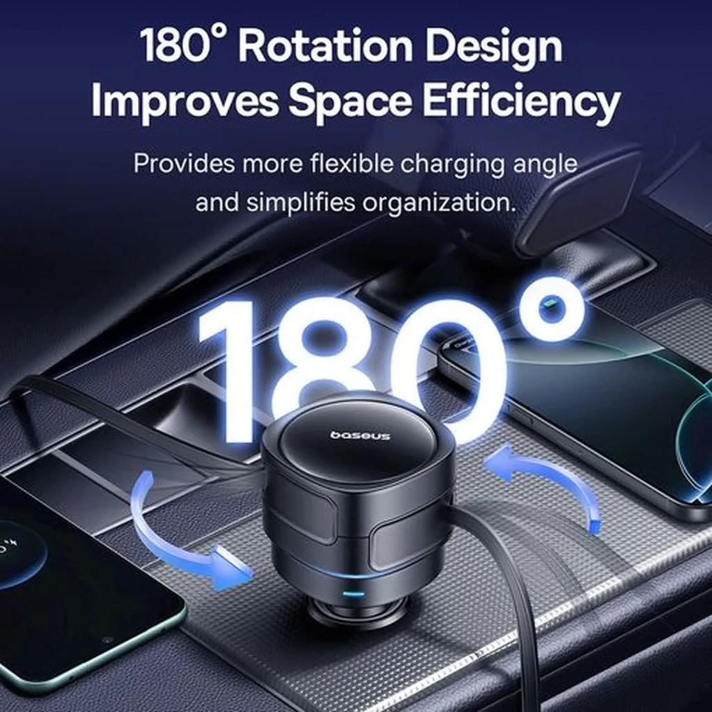Cargador de coche Baseus Enjoyment Max 60W con dos puertos USB-C y cables integrados retráctiles, diseño compacto en negro metálico y luz indicadora LED - Ítem4
