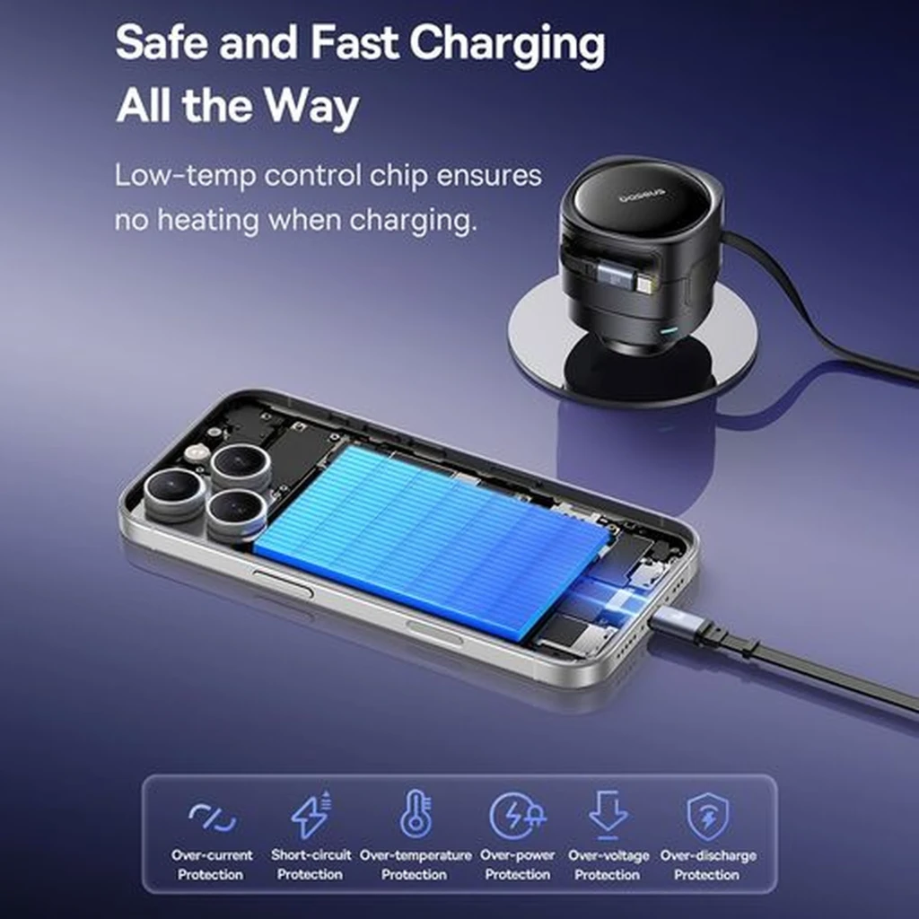 Cargador de coche Baseus Enjoyment Max 60W con dos puertos USB-C y cables integrados retráctiles, diseño compacto en negro metálico y luz indicadora LED - Ítem5