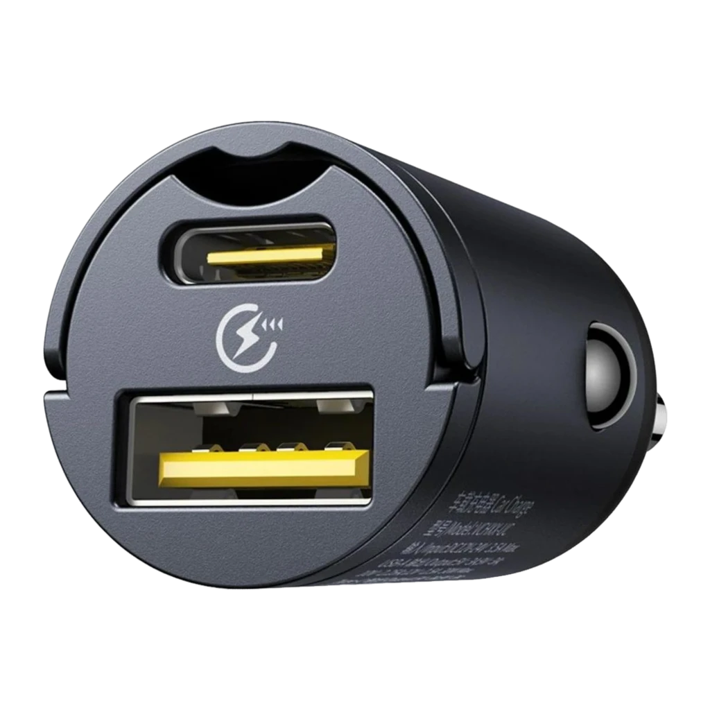 Carregador veicular compacto em metal cinza, com duas portas USB-A e USB-C, indicador de energia e design cilíndrico Baseus Tiny Star Mini 30W - Item2