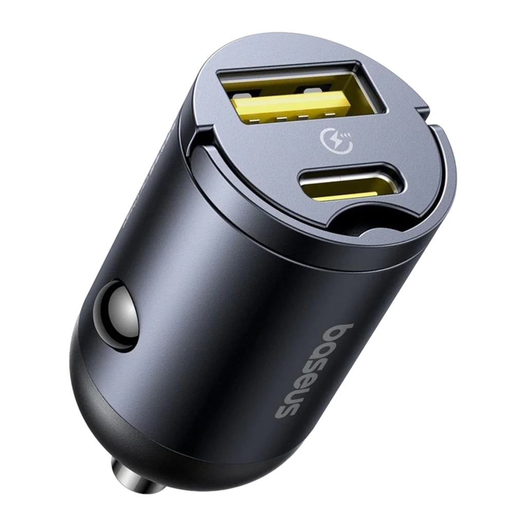 Carregador veicular compacto em metal cinza, com duas portas USB-A e USB-C, indicador de energia e design cilíndrico Baseus Tiny Star Mini 30W - Item1