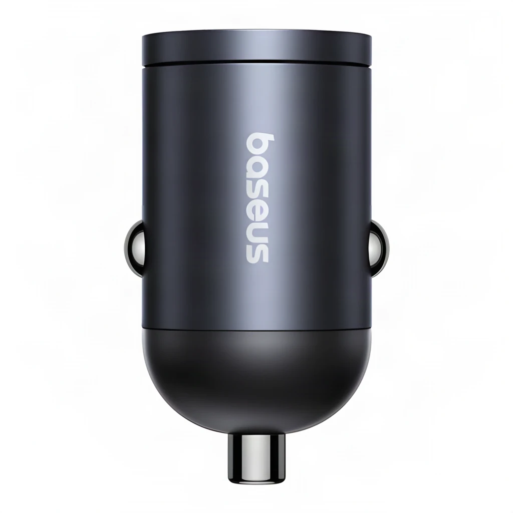 Carregador veicular compacto em metal cinza, com duas portas USB-A e USB-C, indicador de energia e design cilíndrico Baseus Tiny Star Mini 30W - Item3