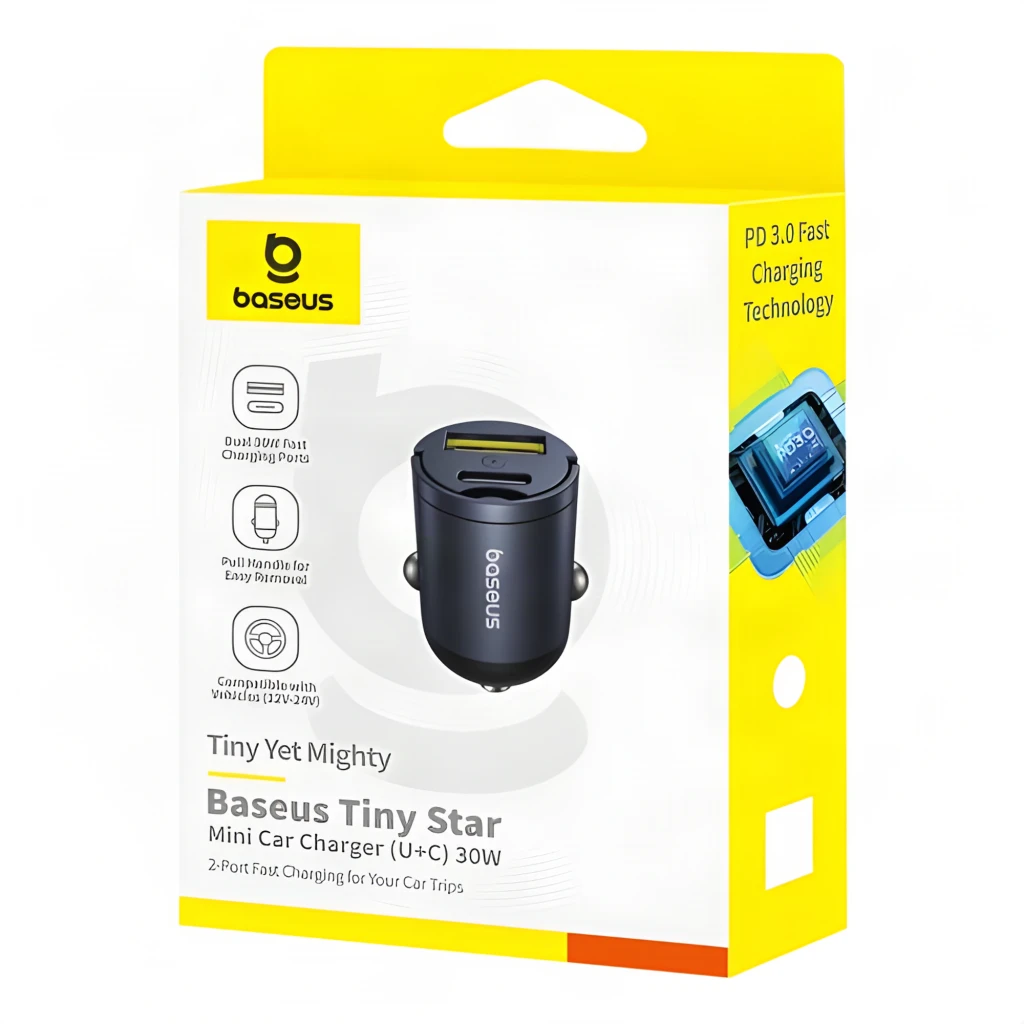 Carregador veicular compacto em metal cinza, com duas portas USB-A e USB-C, indicador de energia e design cilíndrico Baseus Tiny Star Mini 30W - Item4