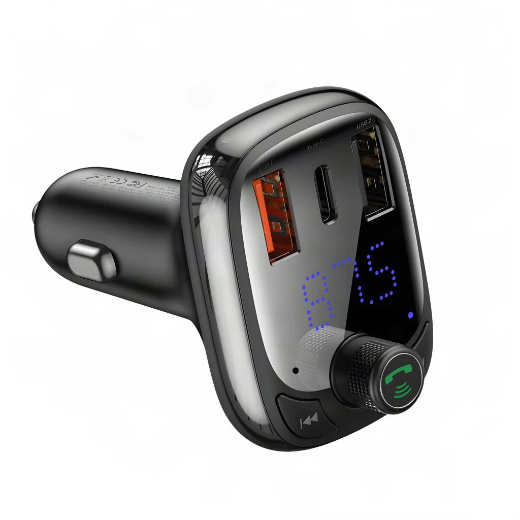 Transmissor FM Baseus T Shaped S-13 com visor LED azul, botão rotativo, portas USB-A dupla com laranja e USB-C, corpo preto brilhante para carro - Item1