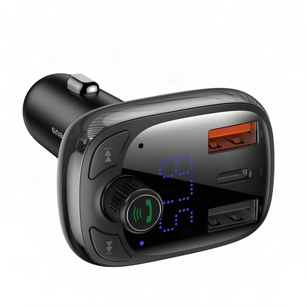 Transmissor FM Baseus T Shaped S-13 com visor LED azul, botão rotativo, portas USB-A dupla com laranja e USB-C, corpo preto brilhante para carro - Item2