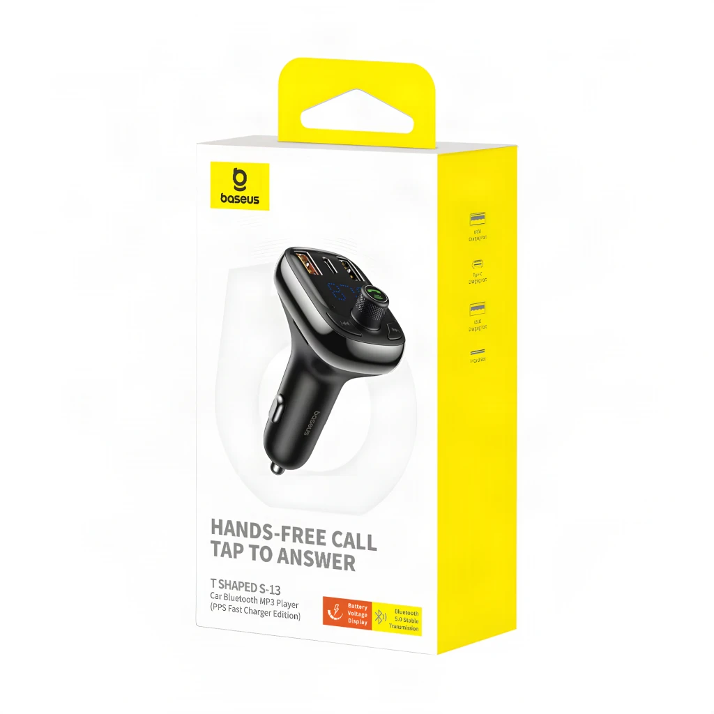 Transmissor FM Baseus T Shaped S-13 com visor LED azul, botão rotativo, portas USB-A dupla com laranja e USB-C, corpo preto brilhante para carro - Item4