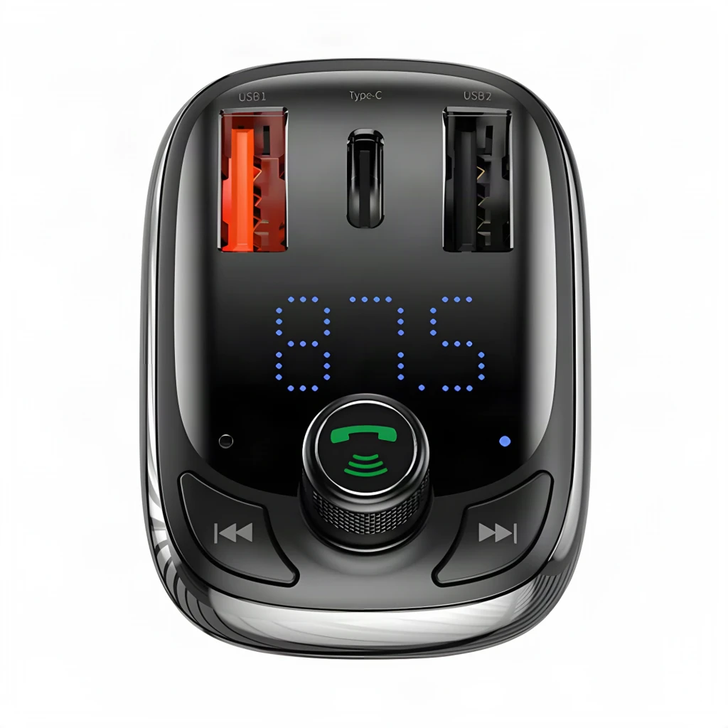 Transmissor FM Baseus T Shaped S-13 com visor LED azul, botão rotativo, portas USB-A dupla com laranja e USB-C, corpo preto brilhante para carro - Item3