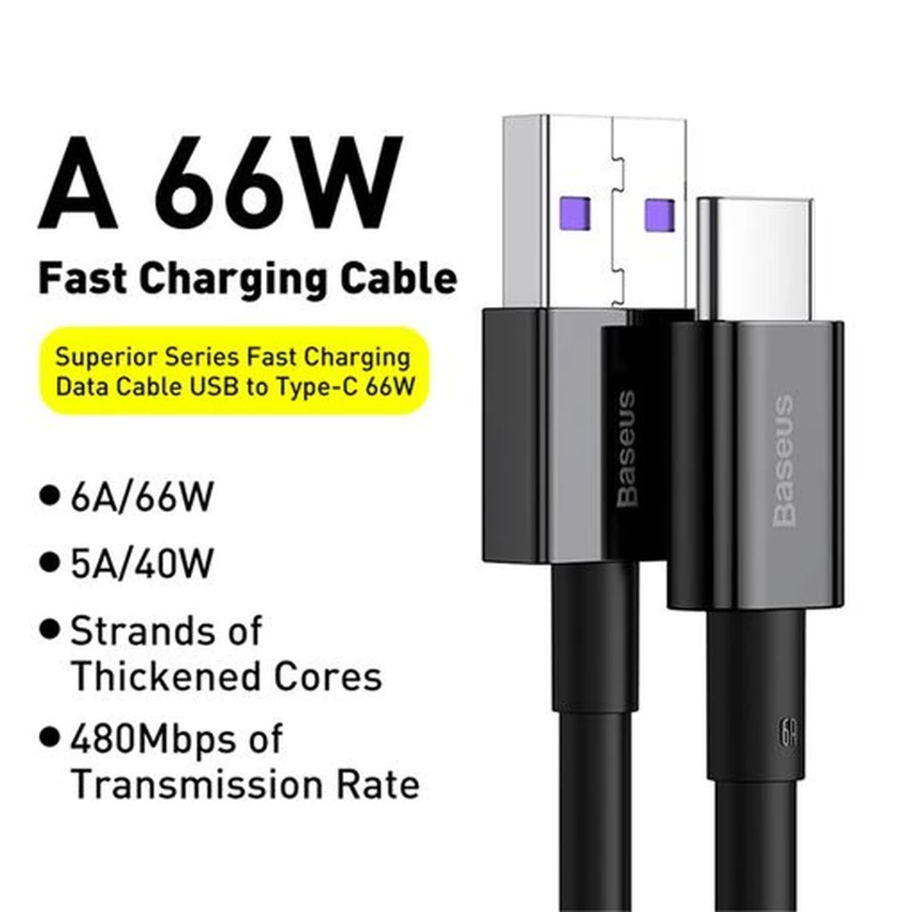 Cabo USB-A para USB-C Baseus preto 2 m, fino e flexível, conectores reforçados com detalhe roxo, suporte a carregamento rápido 66W e organização com clip - Item1