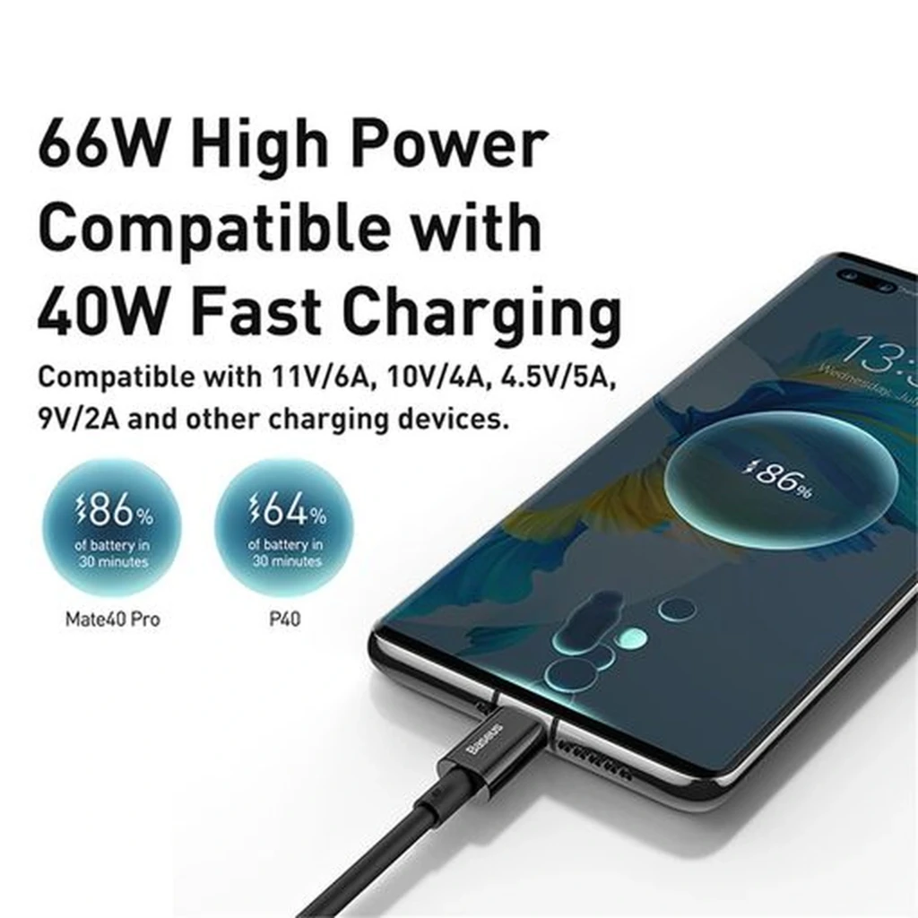 Cabo USB-A para USB-C Baseus preto 2 m, fino e flexível, conectores reforçados com detalhe roxo, suporte a carregamento rápido 66W e organização com clip - Item2