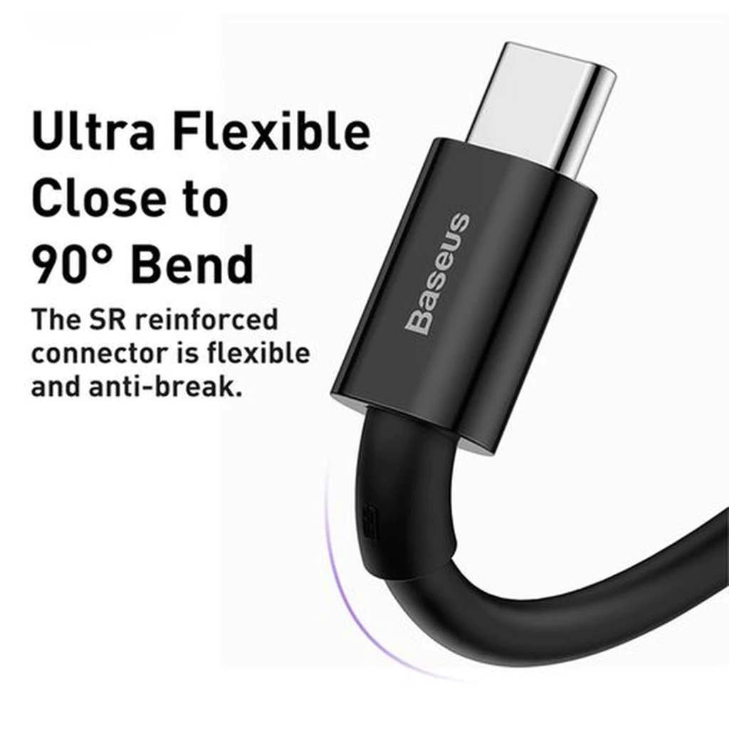 Cabo USB-A para USB-C Baseus preto 2 m, fino e flexível, conectores reforçados com detalhe roxo, suporte a carregamento rápido 66W e organização com clip - Item4