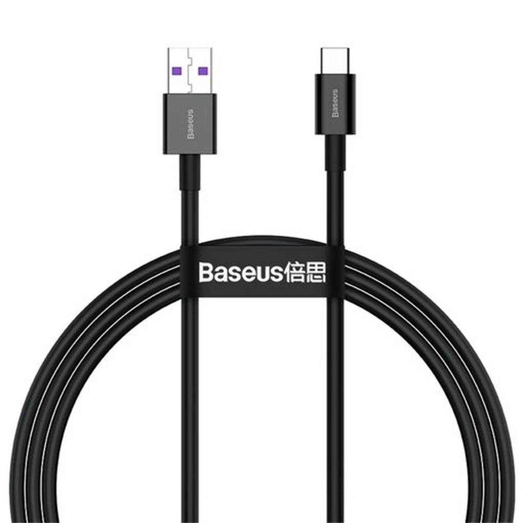 Cabo USB-A para USB-C Baseus preto 2 m, fino e flexível, conectores reforçados com detalhe roxo, suporte a carregamento rápido 66W e organização com clip - Item