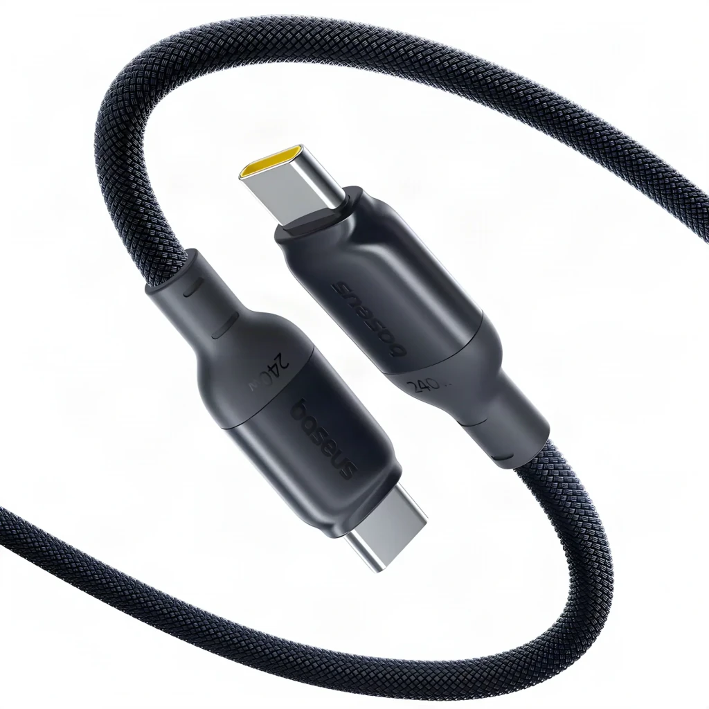 Cabo Baseus PicoGo Fast Charging Data Cable 240W 2m, USB-C para USB-C, conector metálico prateado com borda amarela e malha preta trançada resistente - Item2
