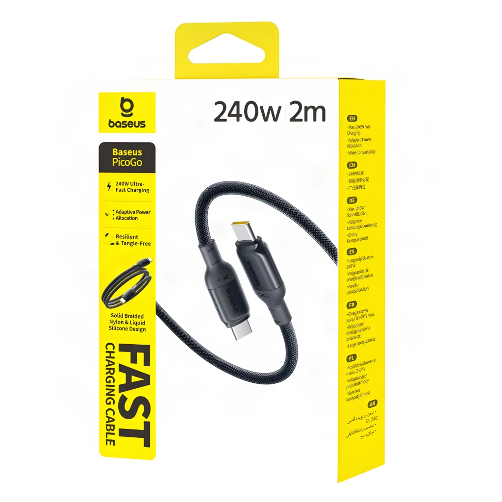 Cabo Baseus PicoGo Fast Charging Data Cable 240W 2m, USB-C para USB-C, conector metálico prateado com borda amarela e malha preta trançada resistente - Item4