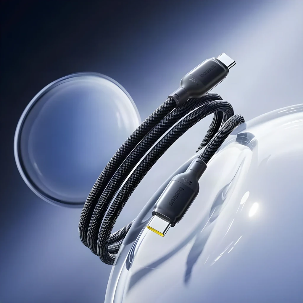 Cabo Baseus PicoGo Fast Charging Data Cable 240W 2m, USB-C para USB-C, conector metálico prateado com borda amarela e malha preta trançada resistente - Item3