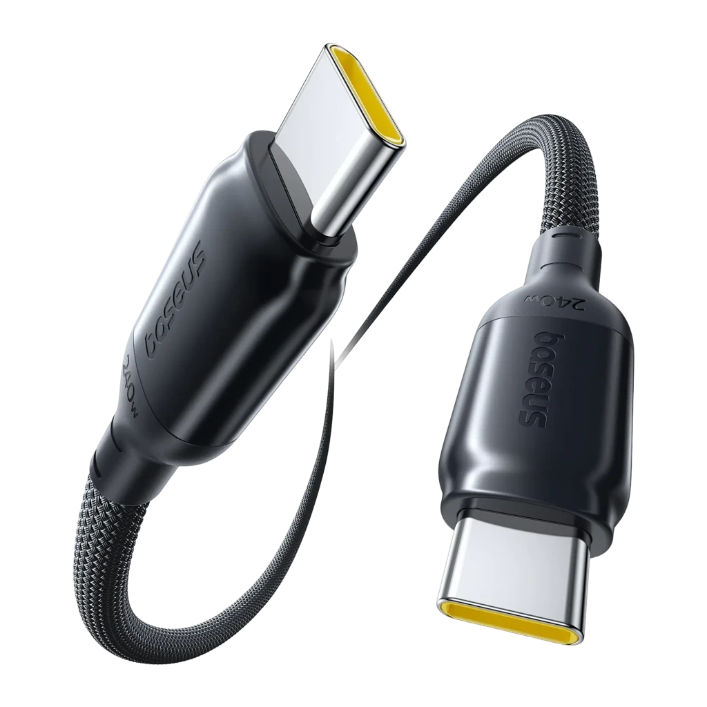 Cabo Baseus PicoGo Fast Charging Data Cable 240W 2m, USB-C para USB-C, conector metálico prateado com borda amarela e malha preta trançada resistente - Item1
