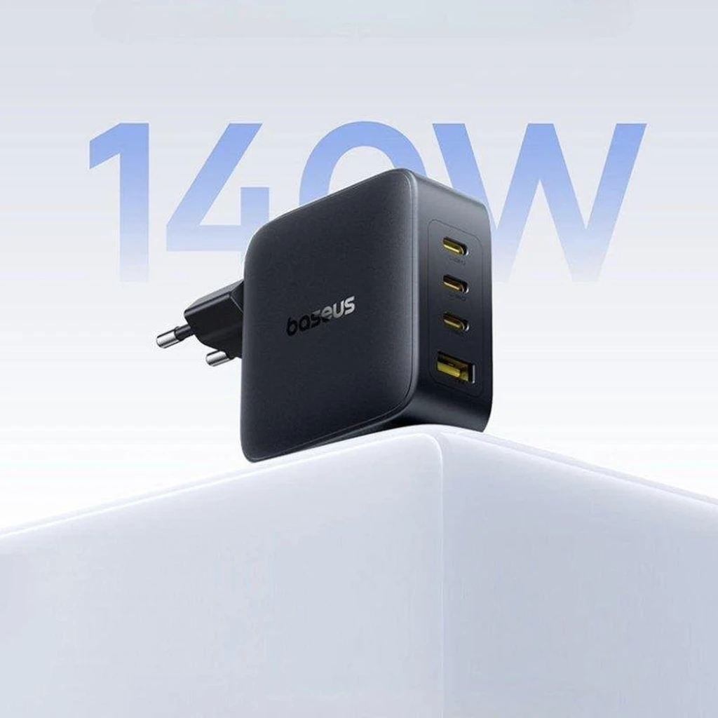 Carregador Baseus EnerFill FH11 GaN 140W compacto em preto, plugue europeu, 3 portas USB-C e 1 USB-A na lateral, acabamento fosco com logo 140W - Item1
