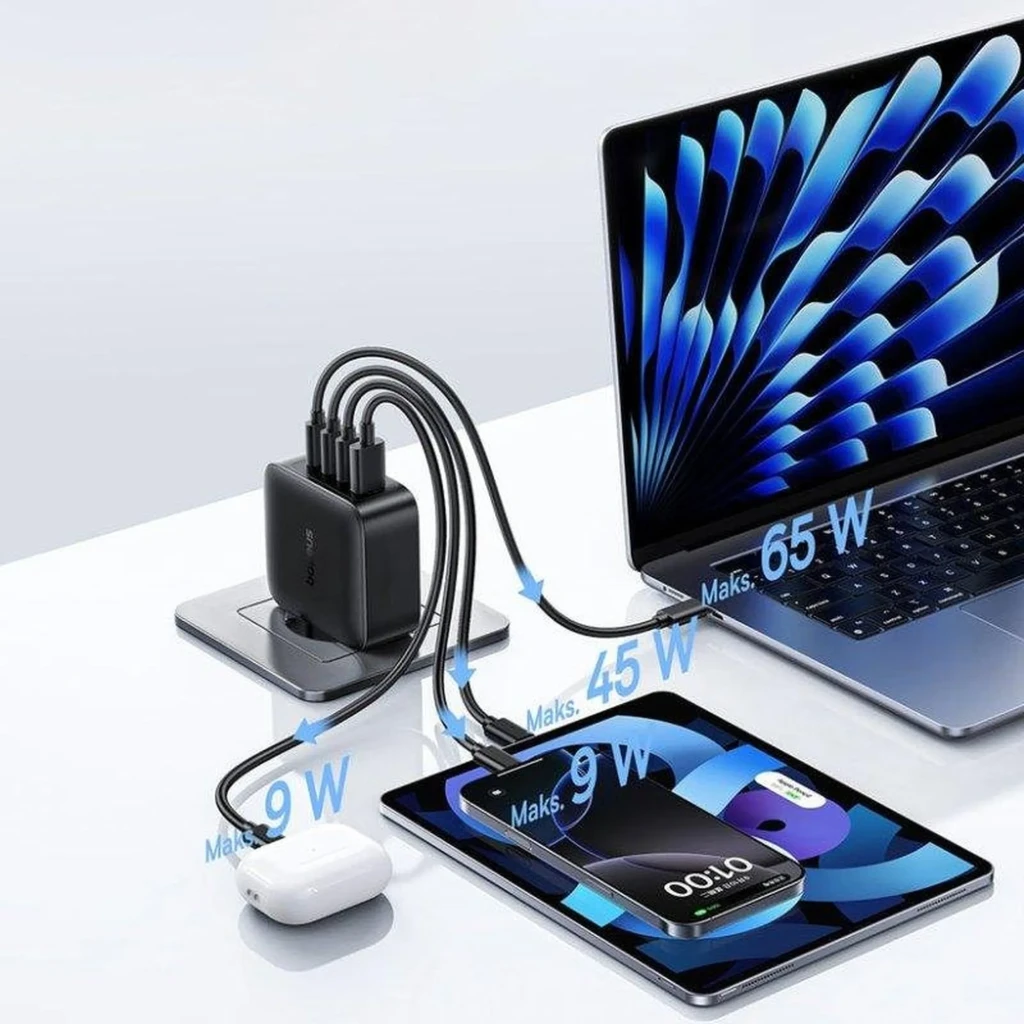 Carregador Baseus EnerFill FH11 GaN 140W compacto em preto, plugue europeu, 3 portas USB-C e 1 USB-A na lateral, acabamento fosco com logo 140W - Item2