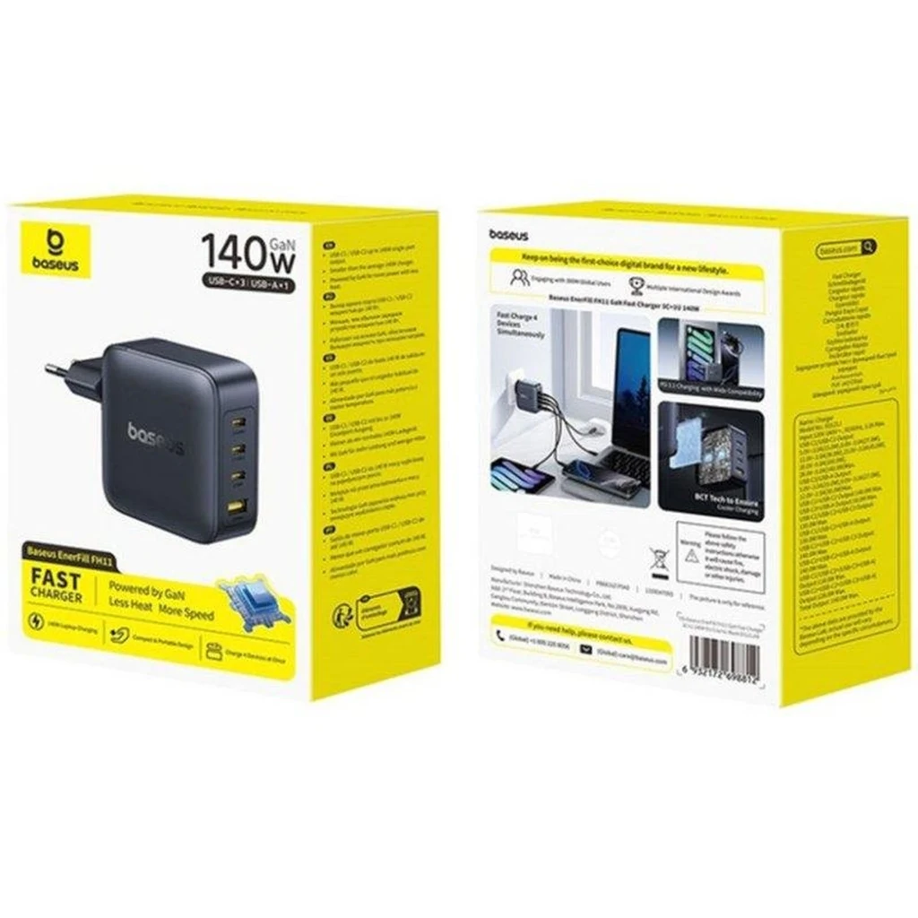 Carregador Baseus EnerFill FH11 GaN 140W compacto em preto, plugue europeu, 3 portas USB-C e 1 USB-A na lateral, acabamento fosco com logo 140W - Item6