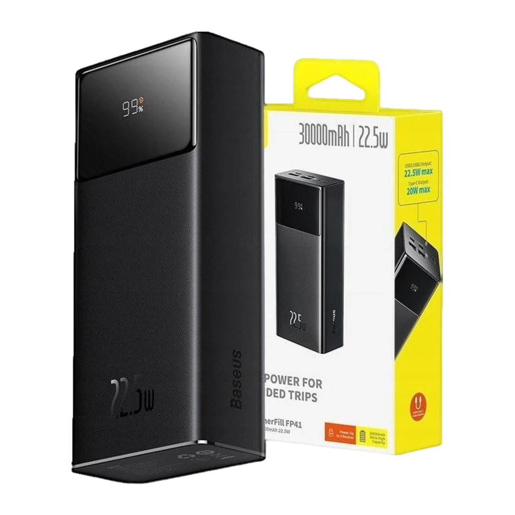 Power Bank Baseus EnerFill FP41 noir, bloc rectangulaire avec écran LED affichant 99 %, logo 22,5W visible, finitions mates élégantes - Ítem5