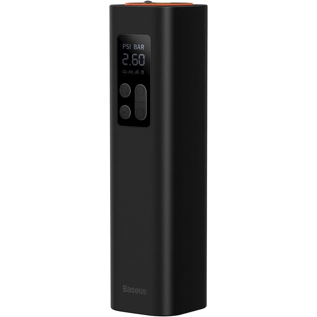 Compressor de Ar Portátil Baseus Super Mini Compressor em preto, corpo cilíndrico compacto com tela digital e botões frontais para ajuste de pressão PSI e - Item1