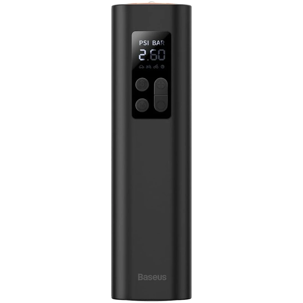 Compressor de Ar Portátil Baseus Super Mini Compressor em preto, corpo cilíndrico compacto com tela digital e botões frontais para ajuste de pressão PSI e - Item