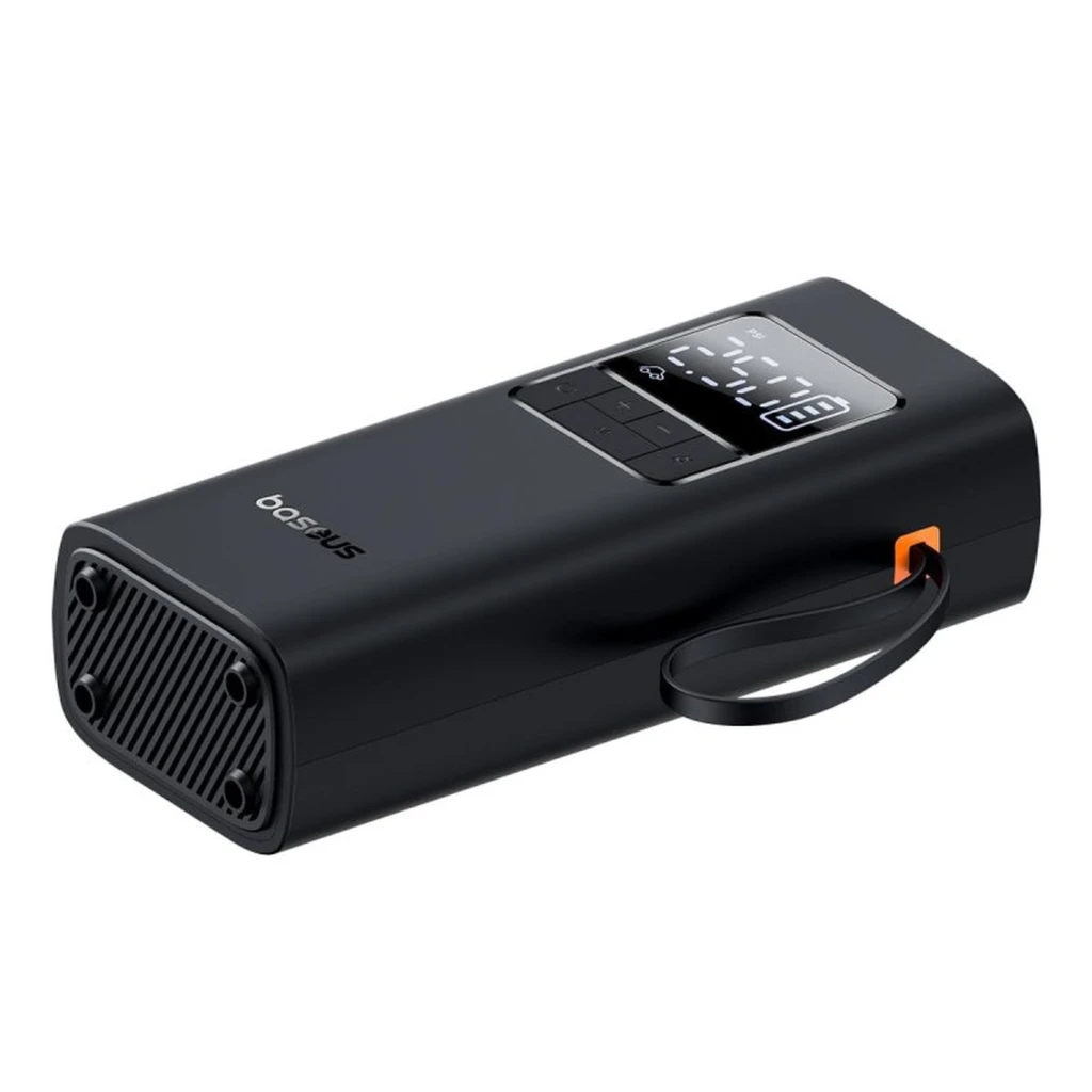 Compressor de Ar Portátil Baseus Super Mini Pro com corpo preto, display digital de pressão, botões frontais e mangueira lateral integrada - Item2