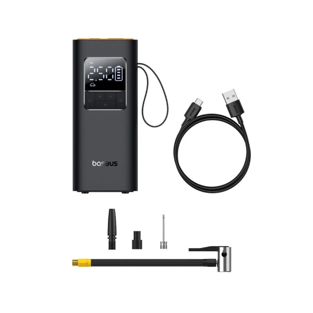 Compressor de Ar Portátil Baseus Super Mini Pro com corpo preto, display digital de pressão, botões frontais e mangueira lateral integrada - Item3