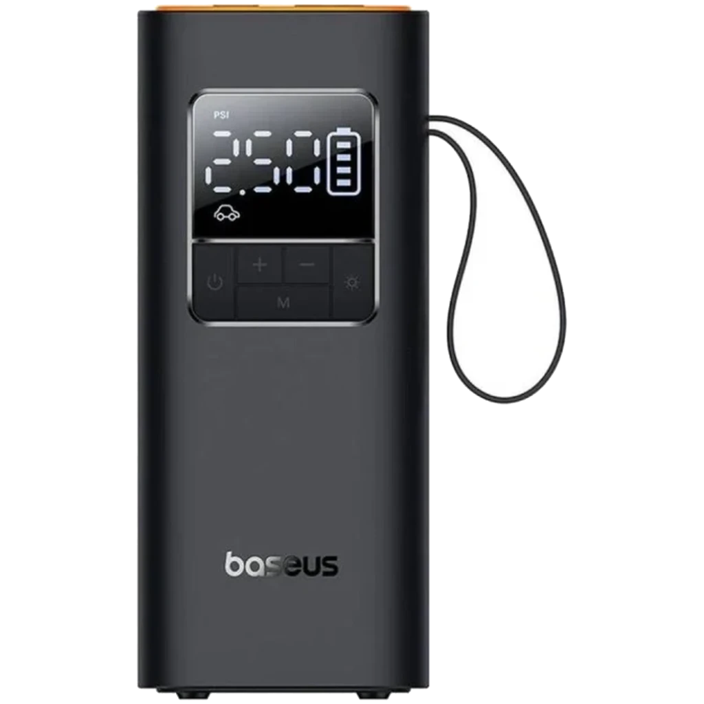 Compressor de Ar Portátil Baseus Super Mini Pro com corpo preto, display digital de pressão, botões frontais e mangueira lateral integrada - Item