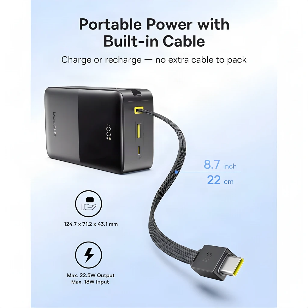 Batterie externe Baseus EnerFill FC51 Bipow 2 Pro 30000mAh avec câble USB-C intégré, affichage LED du pourcentage, ports USB-A et USB-C, design noir compact - Ítem2