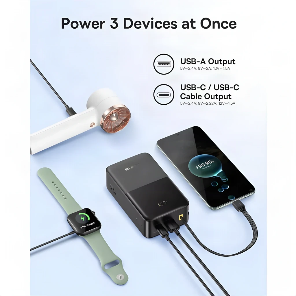 Batterie externe Baseus EnerFill FC51 Bipow 2 Pro 30000mAh avec câble USB-C intégré, affichage LED du pourcentage, ports USB-A et USB-C, design noir compact - Ítem4