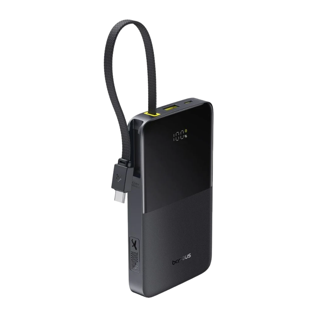 Batterie externe noire compacte avec écran LED 100 pour cent, câble USB-C intégré latéral, deux ports USB, dragonne textile et corps bicolore mat et - Ítem1