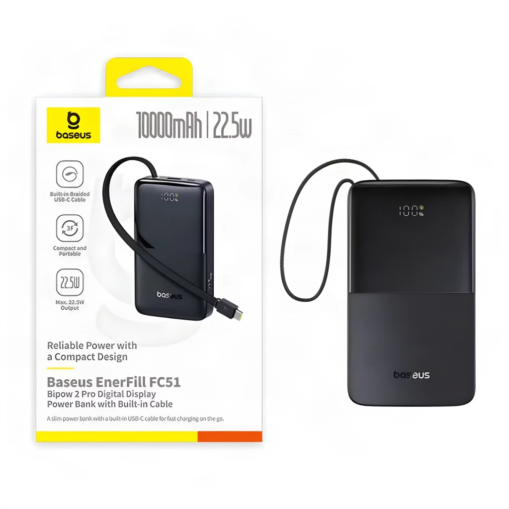 Batterie externe noire compacte avec écran LED 100 pour cent, câble USB-C intégré latéral, deux ports USB, dragonne textile et corps bicolore mat et - Ítem3