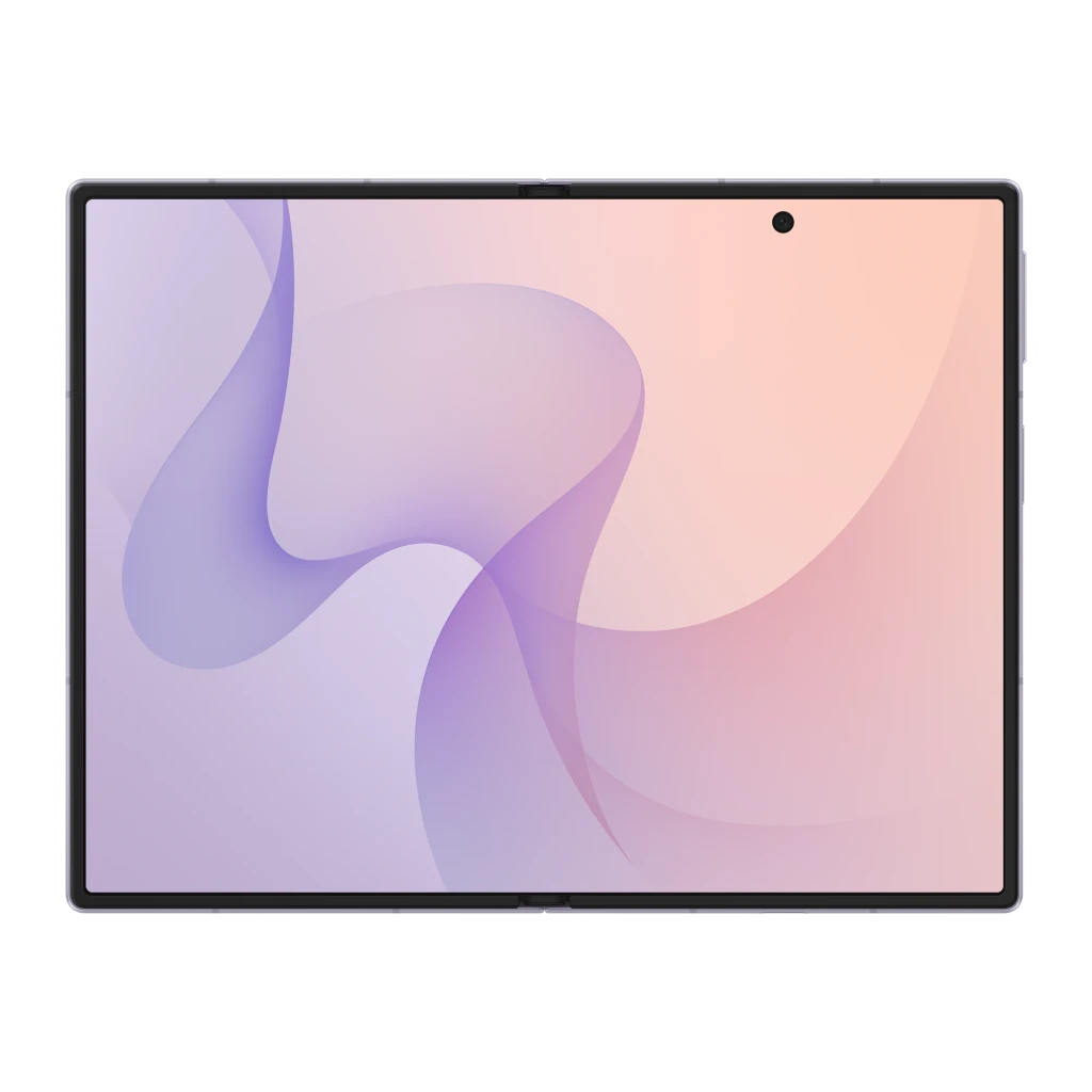 Samsung Galaxy Z Fold8 512GB roxo, vista frontal e traseira: dobrável aberto, módulo de câmeras oval e ecrã interior ligado - Item6