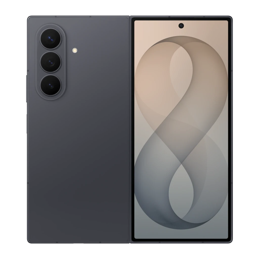 Samsung Galaxy Z Fold8 Ultra 1TB Grafite, vista frontal em ângulo: ecrã ligado com fundo abstrato e câmara frontal centrada - Item6