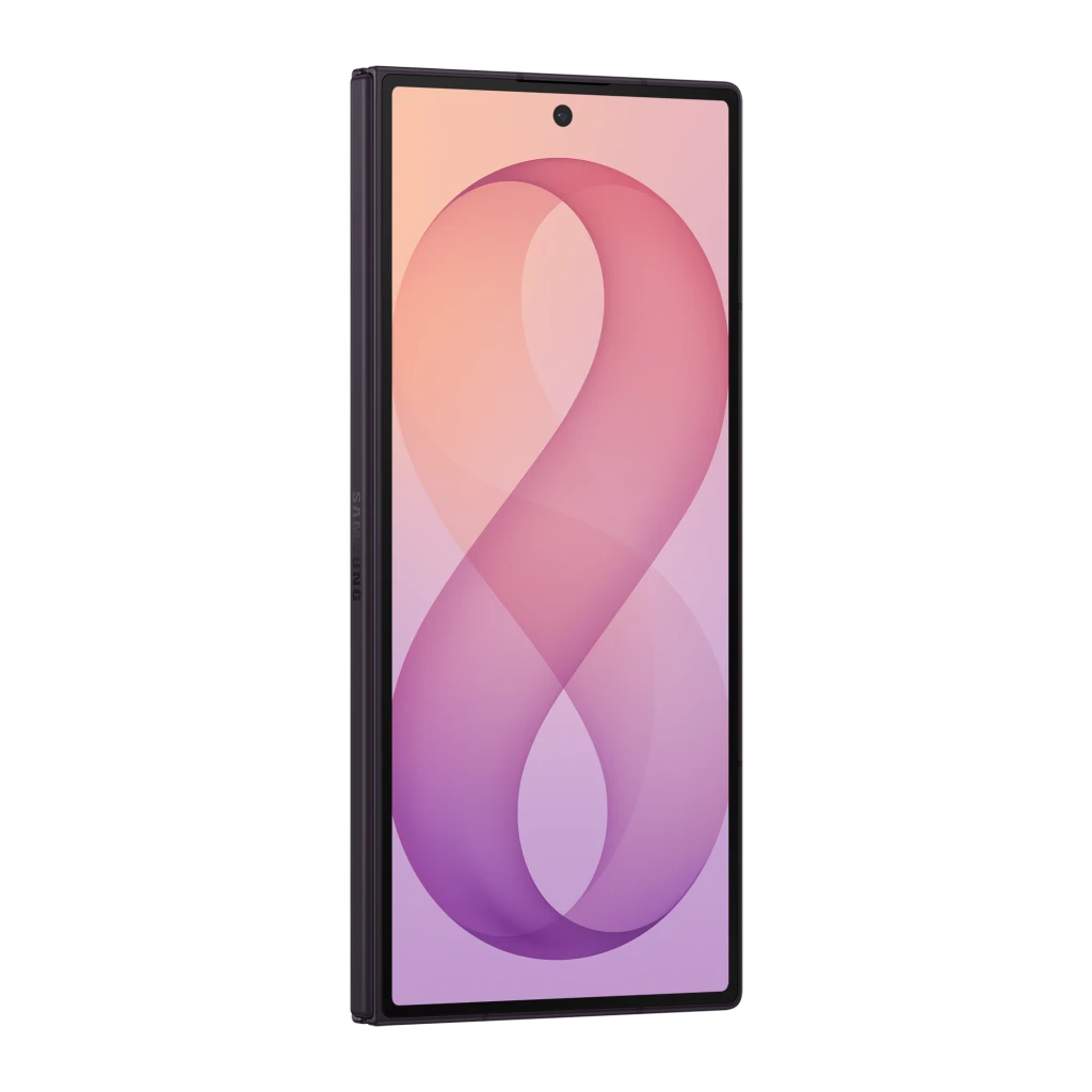 Samsung Galaxy Z Fold8 Ultra 1TB Violeta Noturno, vista frontal e traseira: módulo de câmeras triplo e ecrã ligado - Item4
