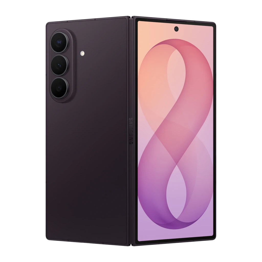 Samsung Galaxy Z Fold8 Ultra 1TB Violeta Noturno, vista frontal e traseira: módulo de câmeras triplo e ecrã ligado - Item1