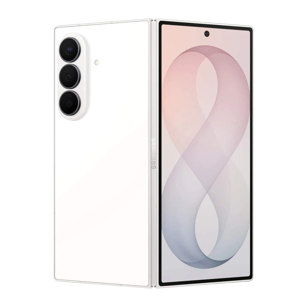 Samsung Galaxy Z Fold8 Ultra 1TB Creme, vista frontal e traseira: dobrado aberto, módulo de 3 câmeras e ecrã ativo - Item1