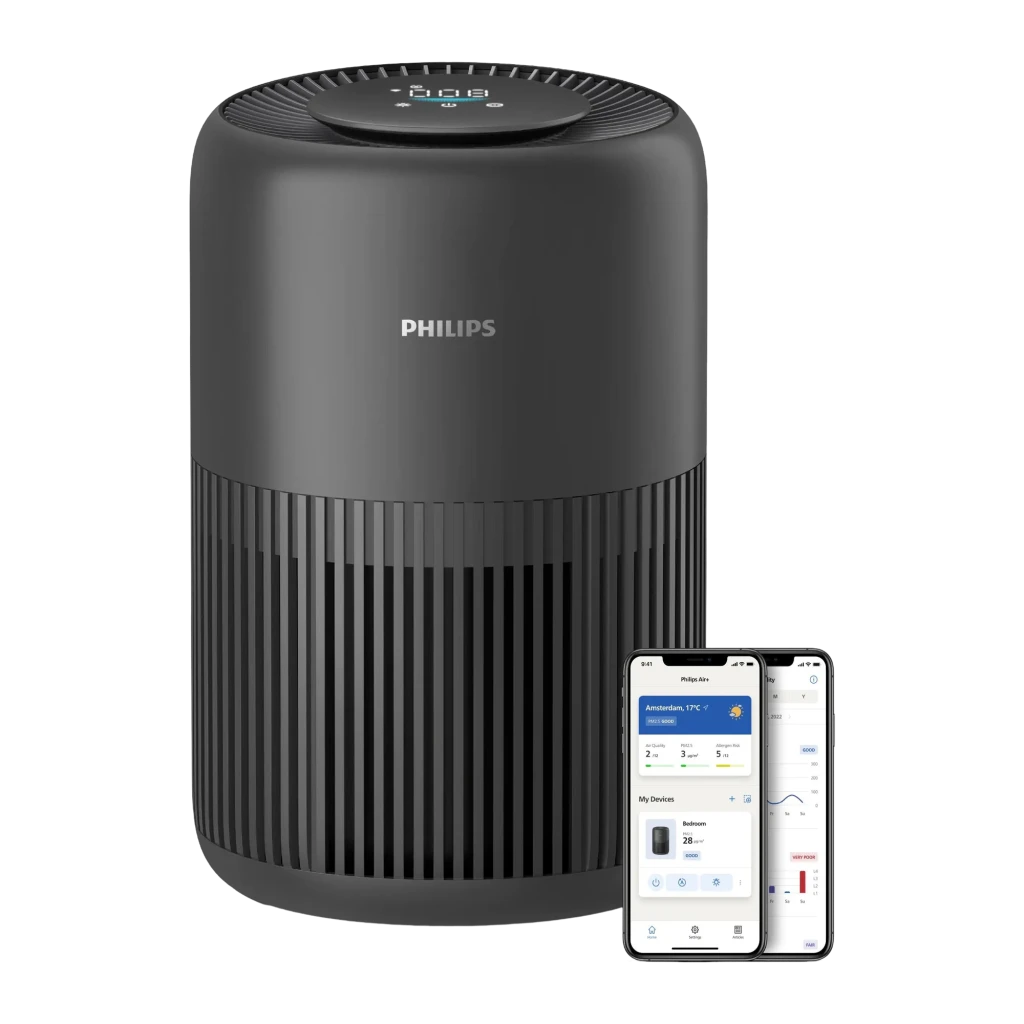 Philips PureProtect Mini AC0951/13 900 Series noir, vue de face en angle: corps cylindrique avec grilles verticales et - Ítem1