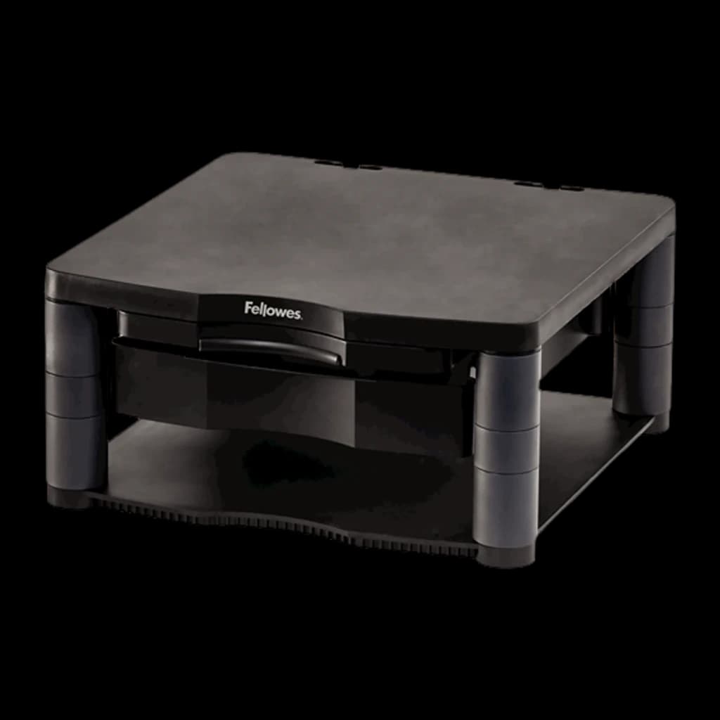 Fellowes Premium Monitor Riser Plus grafito, vista en perspectiva: cajón frontal, estante inferior y patas ajustables