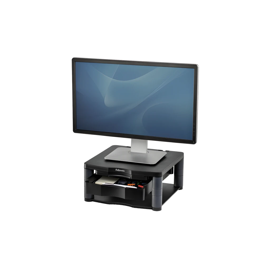 Fellowes Premium Monitor Riser Plus graphite, vue en perspective: tiroir frontal, étagère inférieure et pieds réglables - Ítem2
