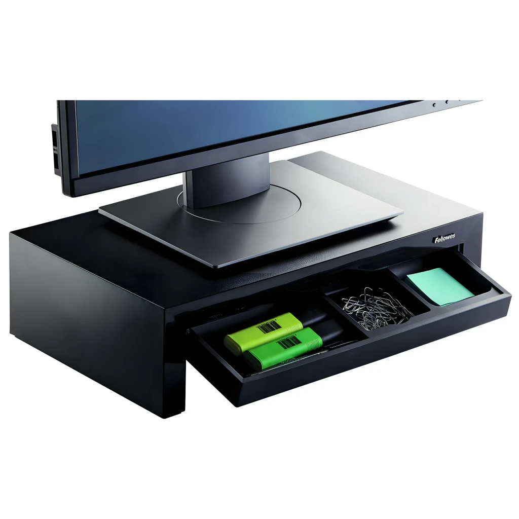 Fellowes Premium Monitor Riser Plus graphite, vue en perspective: tiroir frontal, étagère inférieure et pieds réglables - Ítem1