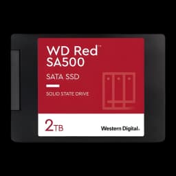 WD Red SA500 2TB vermelho, vista frontal: etiqueta vermelha com logo WD Red SA500, capacidade 2TB e marca Western Digital