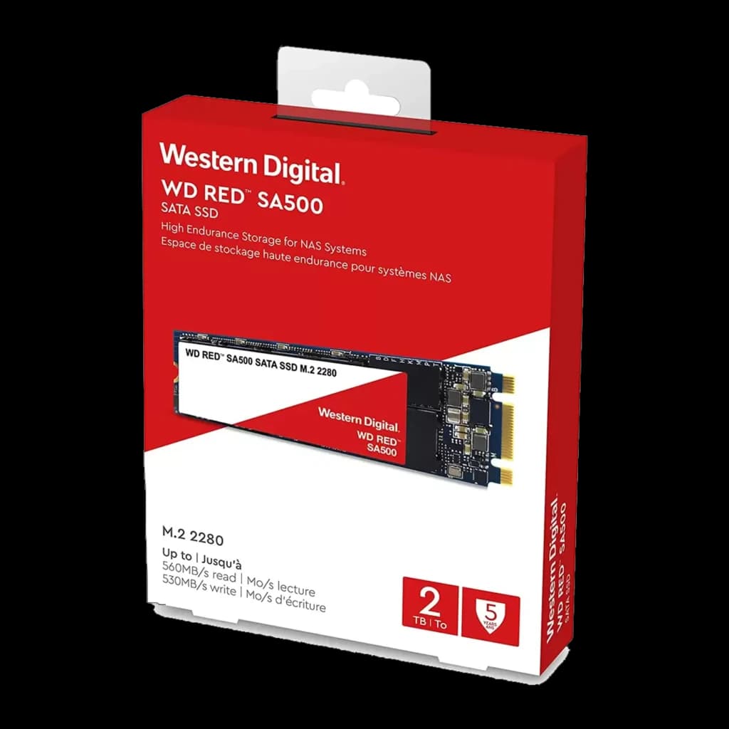 WD Red SA500 2TB vermelho, caixa: embalagem frontal com SSD M.2 2280 visível e especificações 560MB/s