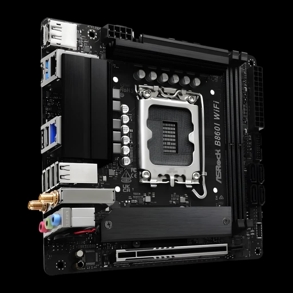 ASRock B860I Challenger WiFi preta, vista angular: socket LGA, dissipador VRM, portas I/O traseiras e conectores de antena